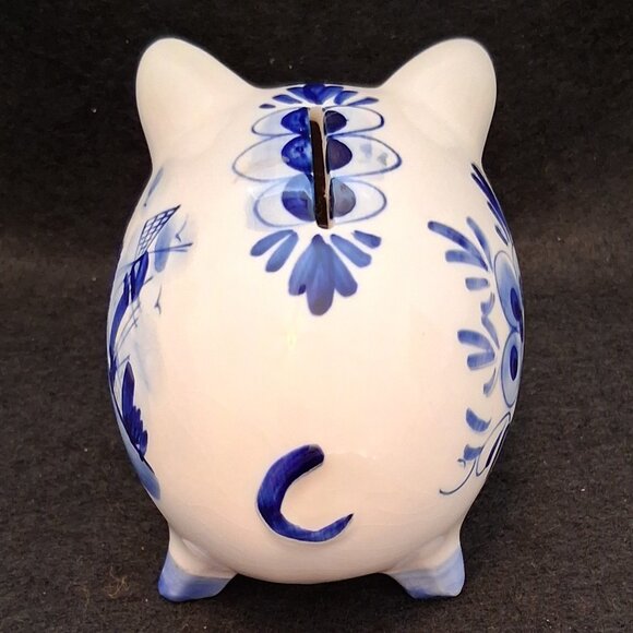 Vintage Hand Painted Delfts Blue Pottery Piggy Bank/Dutch Windmill Design/w+Cork - Picture 5 of 9